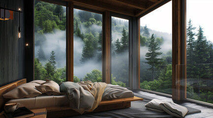 there is a bed with a blanket and pillows in front of a window