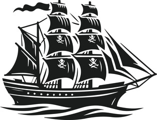 Pirate Ship Sailboats In Ocean Storm Waves With A Flag Vector Illustration On Isolated White Background