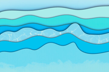 Illustrated wave pattern on blue with paper cutting design on carving textures, 3D layers, an art textures background. Modern origami design template.