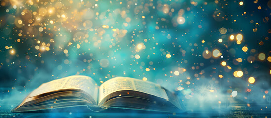 An open book on a blue background with lights, a beautiful fantasy scene in the style of magical art.
