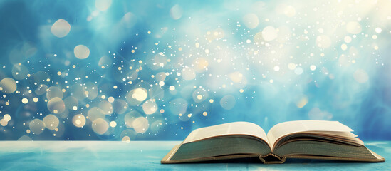 An open book on a blue background with lights, a beautiful fantasy scene in the style of magical art.
