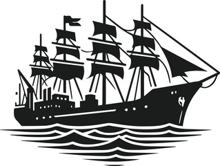 Pirate Ship Sailboats In Ocean Storm Waves With A Flag Vector Illustration On Isolated White Background