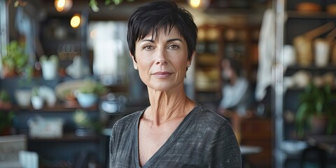 a hip level shot of a 49 year old woman, short black hair in a cool design studio background 