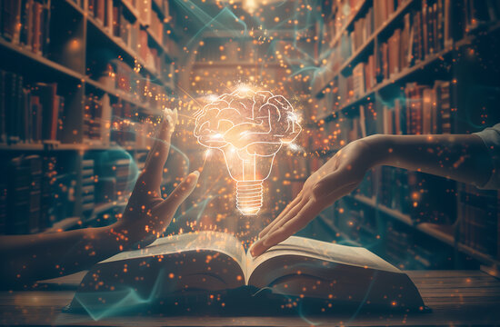 
A hand holds a glowing light bulb with a brain inside over an open book in a library, representing the concept of knowledge and education. 