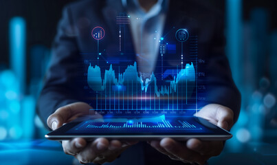 Businessman holding a tablet with a financial graph and trading chart icon on a virtual screen, business plan , stock market technology concept 