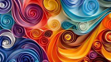 Abstract colorful swirls and spirals in the style of paper quilling, vibrant color palette, fluid lines