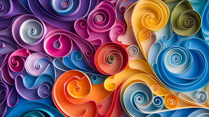 Abstract colorful swirls and spirals in the style of paper quilling, vibrant color palette, fluid lines