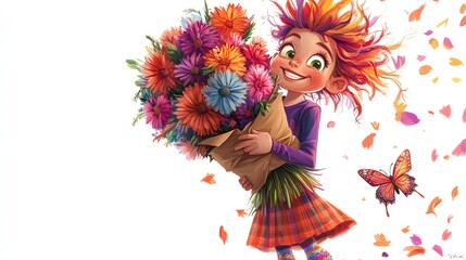 Fototapeta premium Whimsical Floral Joy: A Colorful Young Girl with a Bouquet of Flowers - Perfect for Cheerful Sports Room Decor or Playful Children's Art Prints!