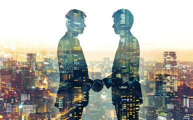 Plakat business people shaking hands and city background, symbolizing success in corporate. 