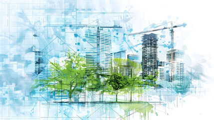 Obraz premium Environmental Sustainability in Construction Blueprints, environmental sustainability in construction blueprints with an image showing architects and engineers incorporating green building practices