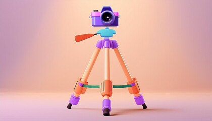High-Detail 3D Render Icon of a Professional Photography Tripod with Realistic Leg Extensions, Clamps, and Mounted Camera – Ideal for Photography Enthusiasts