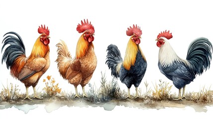 Fototapeta premium Four Watercolor Roosters Standing on Grass