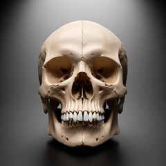 Fototapeta premium Front view of natural human skull on isolated black background