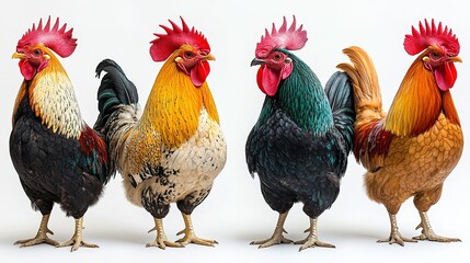 Fototapeta premium Four Roosters of Different Colors Standing on White Background