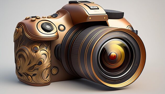 Realistic 3D golod color Render Icon of a Modern DSLR Camera with Realistic Buttons, Lens Details, and Sleek Body Design on White Background