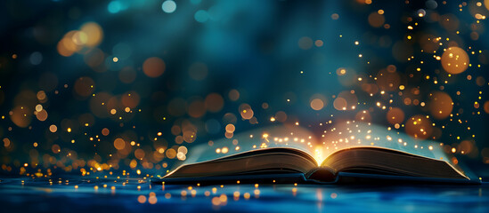 An open book on a blue background with lights, a beautiful fantasy scene in the style of magical art.