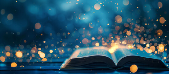 An open book on a blue background with lights, a beautiful fantasy scene in the style of magical art.