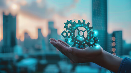 hand holding gears and digital connections, representing the integration between human creativity and AI technology for innovation in business. 