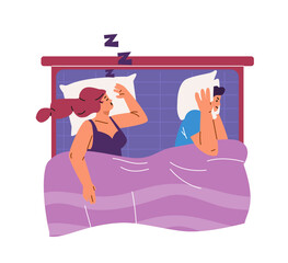 Vector drawing of a woman and a man in bed depicting common sleep apnea scenes