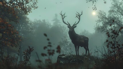 A large red deer buck with antlers stands in a misty forest at dawn