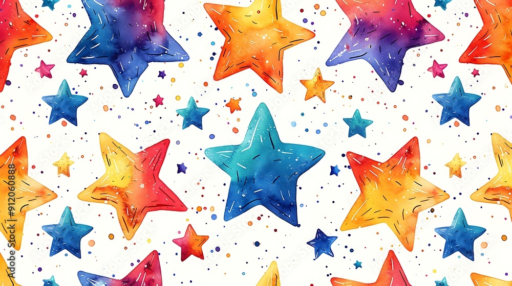 Poster a colorful pattern of stars with a white background. the stars are in various colors and sizes and s