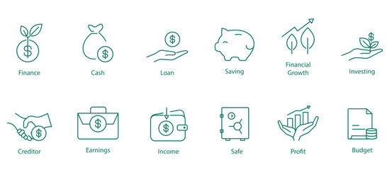 Finance, Cash, Loan, Saving, Financial Growth, Investing, Creditor, Earnings, Income, Saves, Profit, and Budget Vector Icon Set