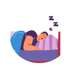 Snoring man in bed, vector image in flat style. Isolated background.