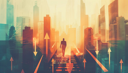 Obraz premium A businessman is walking up the stairs of an abstract cityscape, business success concept
