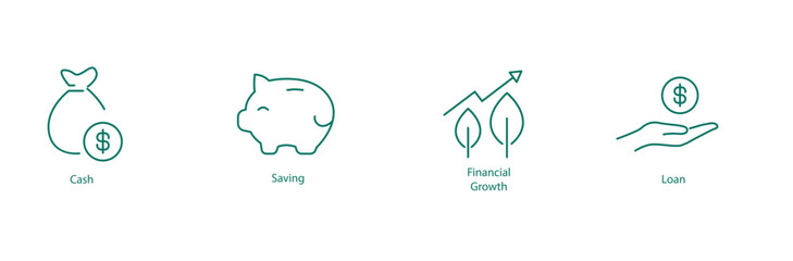 Cash, Savings, Financial Growth, and Loan Vector Icon Set