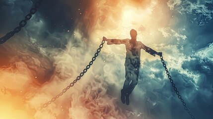 Obraz premium Man Hanging from a Chain in the Sky