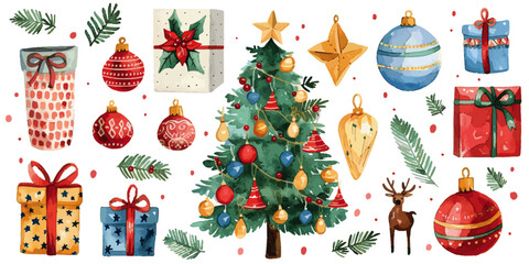 Colorful watercolor illustration showcasing a decorated Christmas tree surrounded by various festive ornaments and gifts. Vibrant Christmas Tree and Holiday Ornaments Illustration

