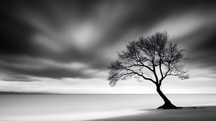 Obraz premium Solitary tree under moody sky moody sky over quiet landscape