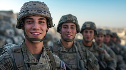 Fototapeta premium Smiling soldiers in full gear line up, displaying camaraderie and readiness in a mission setting.
