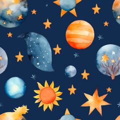 Watercolor celestial seamless pattern with cute drawings of planets, sun and stars