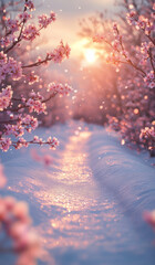 a plain crush in a field covered in snow , cherry blossom, golden hour, in the style of anime art,generative ai