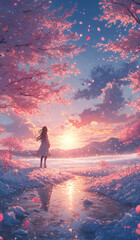 a plain crush in a field covered in snow , cherry blossom, golden hour, in the style of anime art,generative ai
