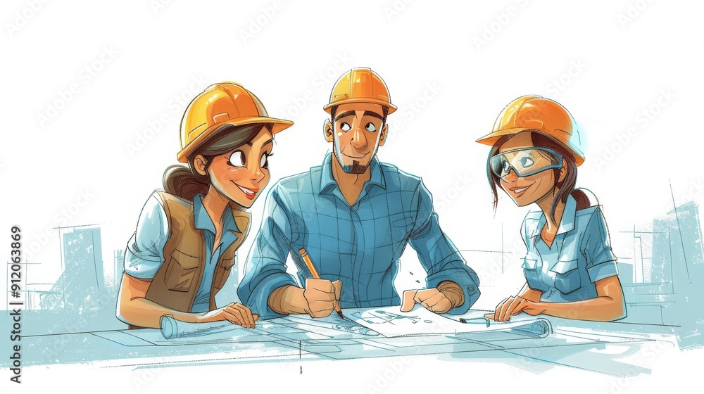 Poster cartoon vector engineers designing blueprints for a new project