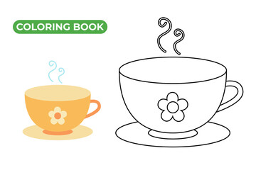 Cup of hot tea coloring book. Black and white contour vector illustration of dishes. Linear drawing of teacup with steam. Icon of mug with saucer.