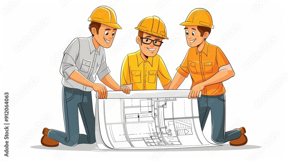 Poster cartoon vector engineers designing blueprints for a new project