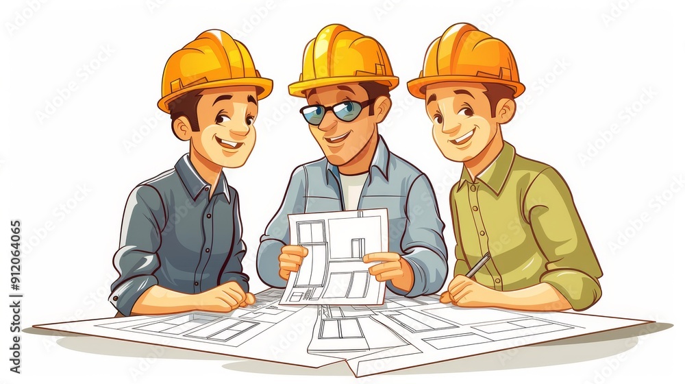 Poster cartoon vector engineers designing blueprints for a new project