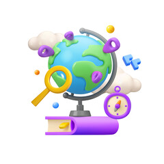 Geography class vector 3d icon. School subject geomorphology illustration, isolated on white background. Cartoon sticker design element