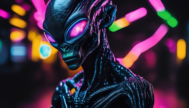 portrait of futuristic dark skinned alien with bright pink eyes against vibrant neon background