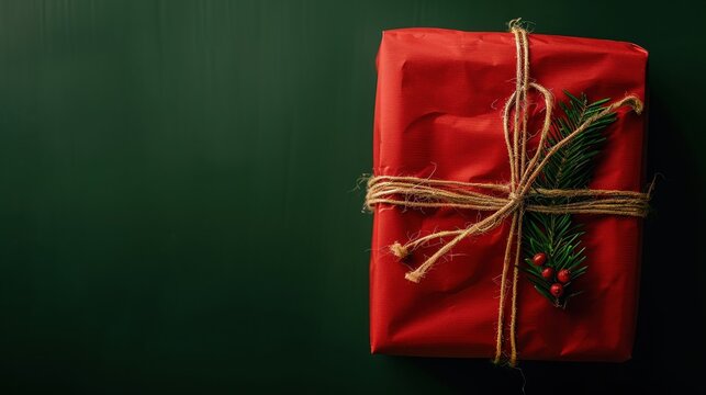 A beautifully wrapped red gift with twine and a sprig of pine, perfect for holiday celebrations and festive occasions.
