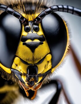 macro close up of a wasp head against white background