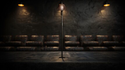 An open mic night stage with simple lighting and seating