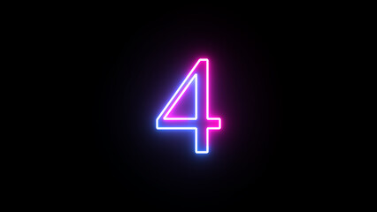 Glowing neon numeric number 4. Purple and blue neon font alphanumeric "4" on black background. Educational concept