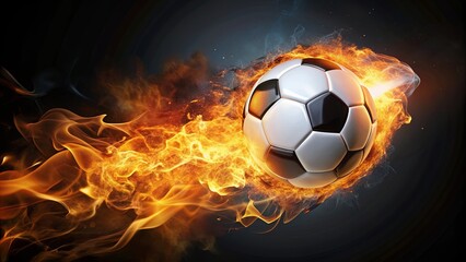 Flying football or soccer ball engulfed in flames , sports, fiery, dynamic, action, motion, burning, heat, competition