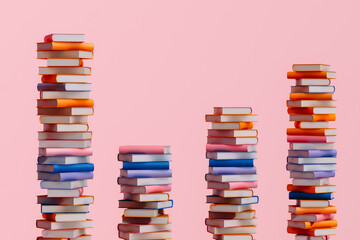 Colorful book stacks on pink background
