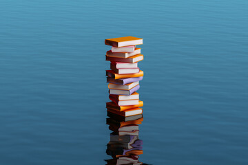 Books stacked on blue water