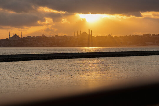 Dramatic sunset over Istanbul skyline
